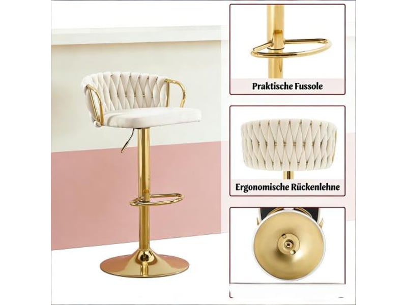  Tabouret de bar lot de 2 pivotant réglable avec dossier et repose-pieds en velours, blanc crème  - Conforama E