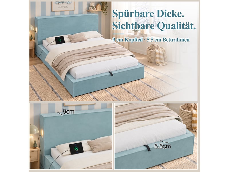  Lit coffre 2 places 140x200 cm avec sommier et tête de lit velours bleu  - Conforama E