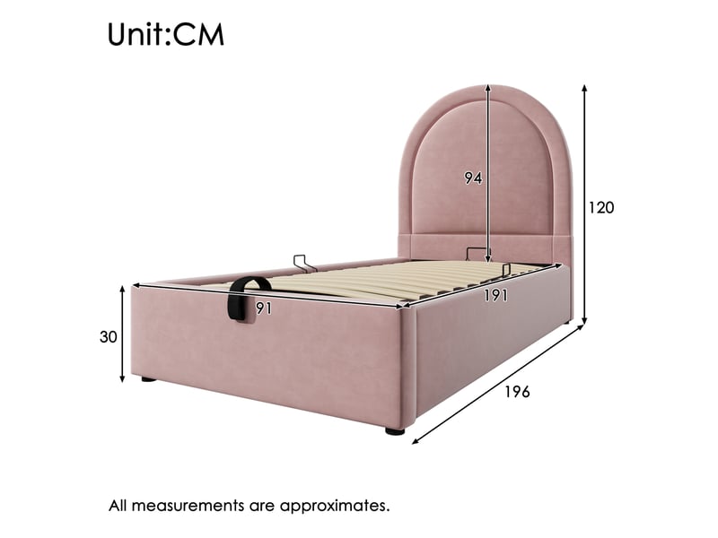  Lit enfant 90x190 cm avec coffre et sommier hydraulique, velours rose sans matelas  - Conforama C