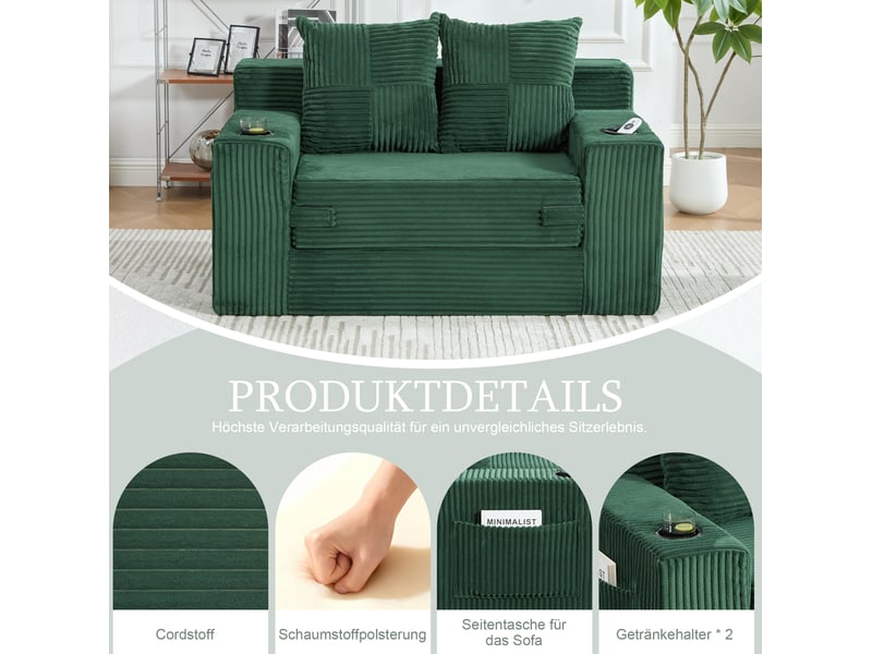 Fauteuil pouf double avec poches et deux coussins, en velours côtelé vert émeraude, 151 × 133 × 64 cm - Conforama E