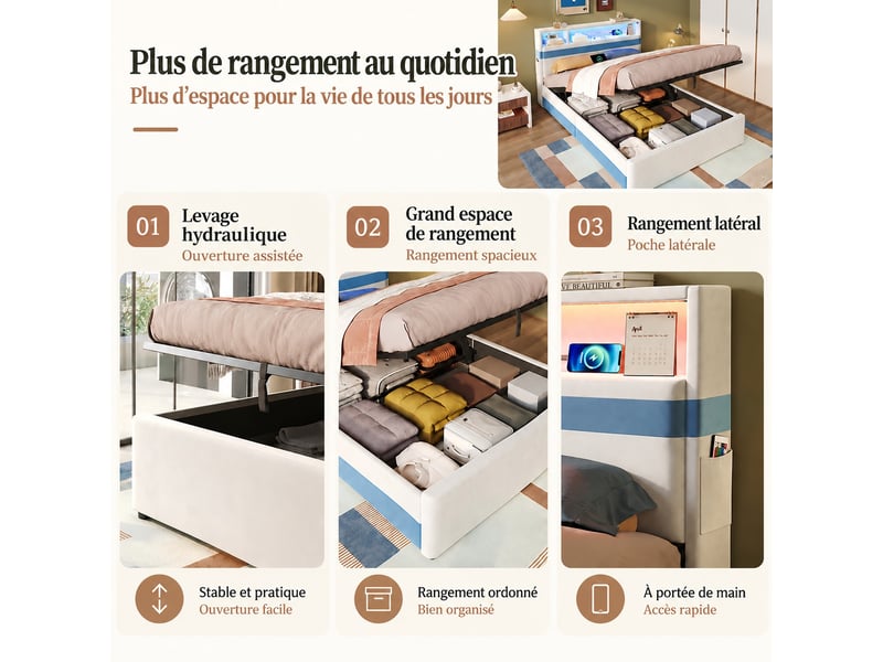  Lit coffre lit rembourré lit double led avec fonction de chargement usb et éclairage led lit 140x200cm blanc et bleu  - Conforama B