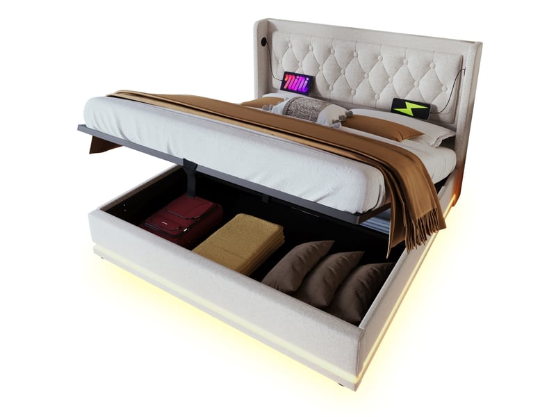  Lit coffre 140 × 200 cm 2 places avec tête de lit capitonnée, led, usb et type-c, matelas inclus, coton beige  - Conforama A