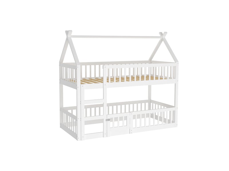  Lit superposé pour enfants 90x200 cm avec échelle, lit cabine avec cadre en bois massif, lit 1 personne, blanc  - Conforama E