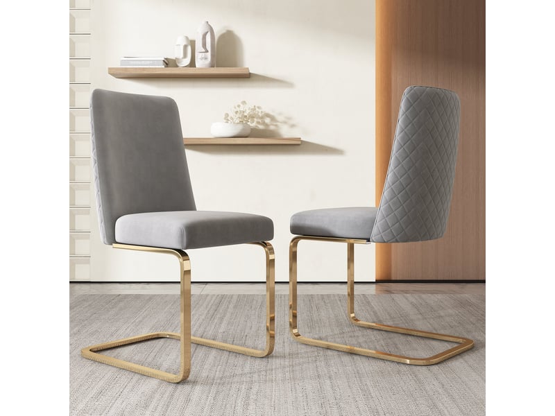  Lot de 2 chaises de salle à manger en velours gris, dossier matelassé diamant, pieds métal doré Jamama eleni - Conforama B