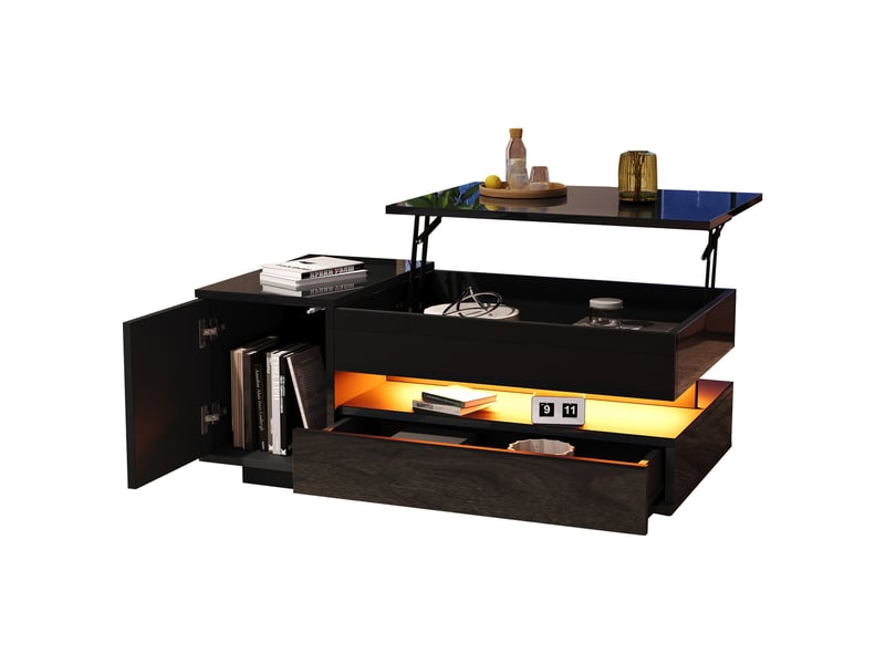  Table basse relevable noire avec rangement caché, table basse led brillante, 95x50x40 cm  - Conforama A