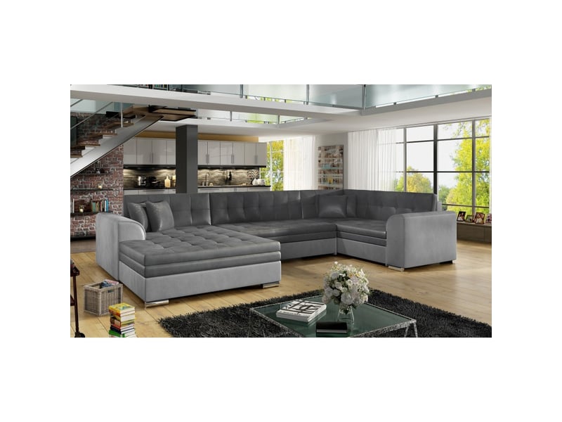  Canapé panoramique convertible caldero 5 places gris clair et foncé – angle gauche – 4 coussins  - Conforama E