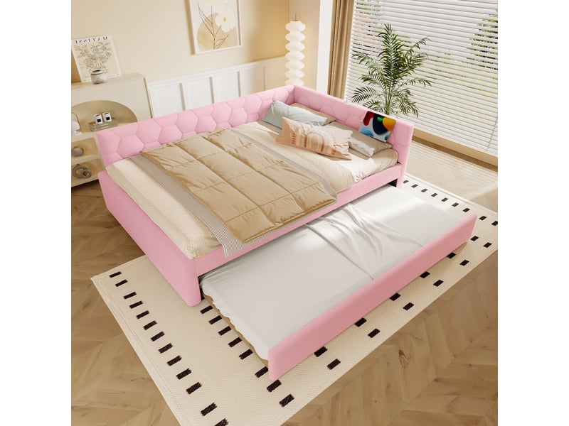  Banquette-lit 140x200 cm - couchage, tiroir de rangement, ports usb, éclairage, tissu rose confortable  - Conforama D