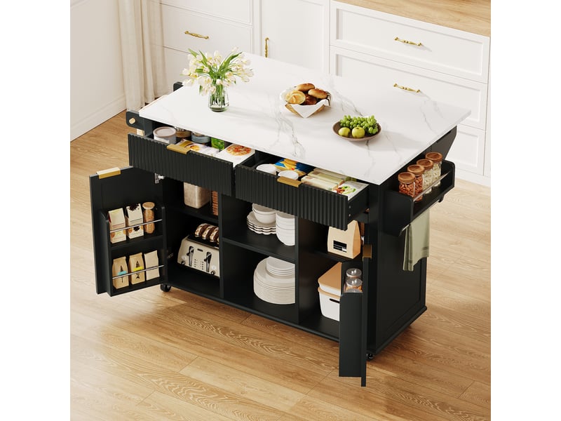  Îlot de cuisine 143 cm, plateau rabattable effet marbre, 2 tiroirs, portes rainurées, roulettes, noir et blanc  - Conforama D