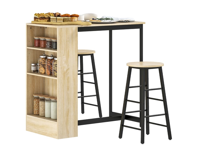  Ensemble table de bar 3 pièces, 1 comptoir, 2 chaises, avec espace de rangement et repose-pieds, gain de place, marron clair et noir  - Conforama A