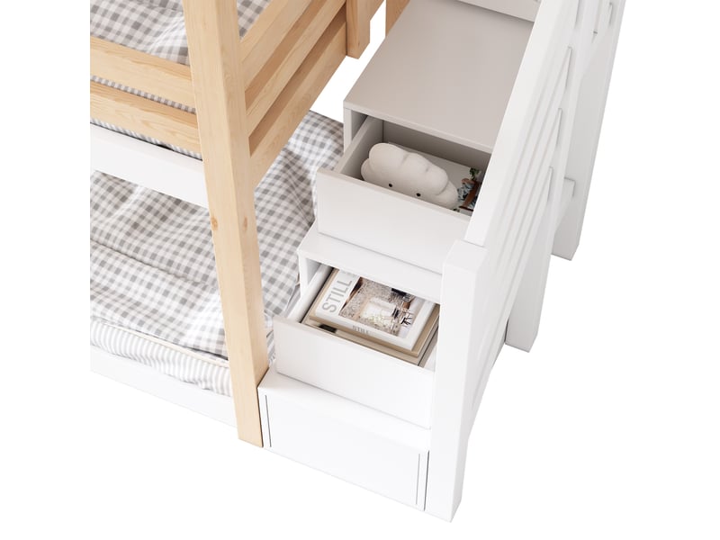  Lit superposé 90x200 - lit cabane enfant - fenêtres - escalier rangement - 2 coffres - garde-corps - 2 sommiers - blanc et naturel  - Conforama D