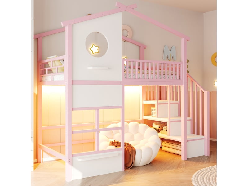  Lit mezzanine enfant 90x200 cm rose et blanc avec escalier de rangement et led  - Conforama B