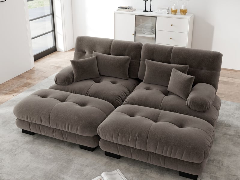  Canapé modulable d’angle 2 places avec deux ottomanes en tissu marron  - Conforama B