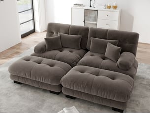 Canapé modulable d’angle 2 places avec deux ottomanes en tissu marron