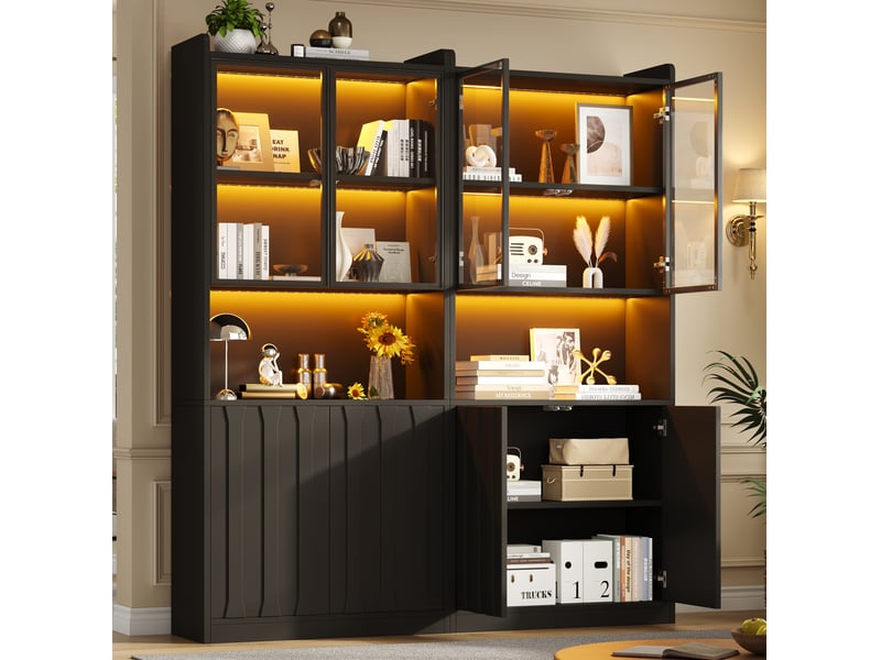 Vitrine à led, 8 portes dont 4 en verre, étagères réglables et rangements ouverts pour salon, noire 160 × 35 × 200 cm - Conforama B