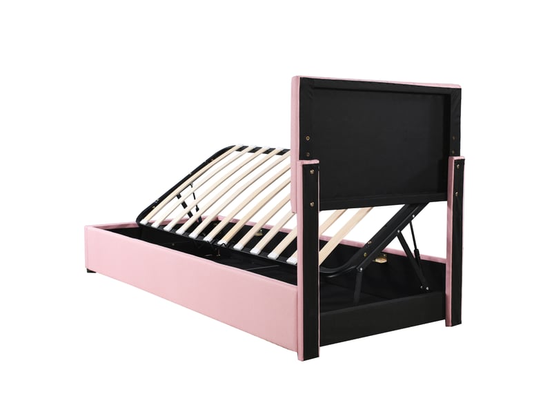  Lit coffre enfant 200×90 cm avec rangement hydraulique et tête de lit réglable, sans matelas, en lin rose  - Conforama E