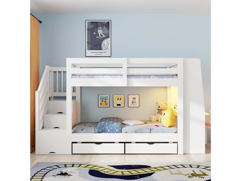  Lit superposé 90x200 cm - avec éclairage led - avec rangement - en bois - blanc CARDUME ESTIVAL - Conforama E
