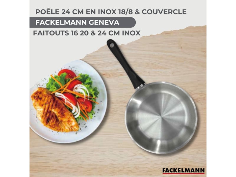 Set de 1 poêle 24 cm en inox et couvercle, 3 faitouts inox 16, 20 et 24 cm fackelmann geneva 9355050B - Conforama C