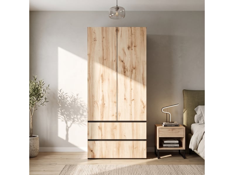  Armoire 90x50x200 cm avec 1 barre de penderie, 2 tiroirs et 2 portes, mdf et panneau de particules, bois  - Conforama B