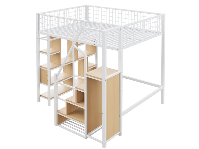  Lit mezzanine 140x200 avec escalier et rangement intégré, cadre en métal robuste, lit mezzanine blanc idéal pour adulte et enfant.  - Conforama D