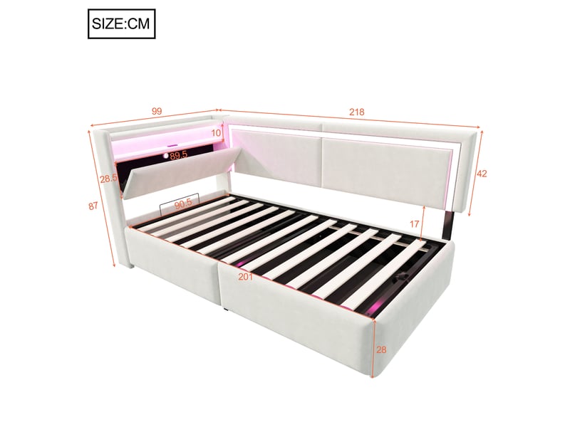 Canapé-lit 90x200 cm velours beige led ports usb tête de lit ouvrable et coffre hydraulique - Conforama C