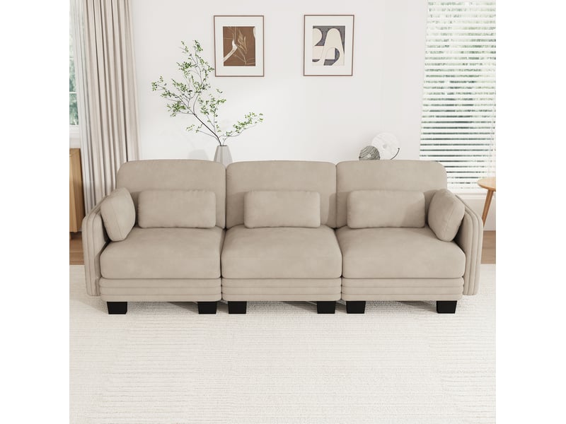 Canapé droit modulable 3 places 253x88x88 cm en chenille café clair - Conforama B