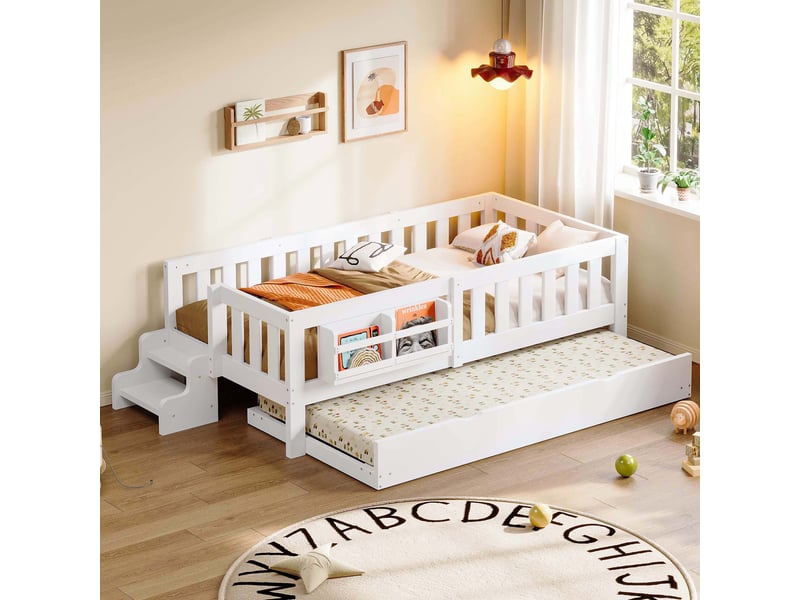  Lit enfant 90x200 cm avec lit gigogne 90x190 cm, bibliothèque intégrée, marche d’accès, garde-corps, sommier à lattes, bois massif et mdf blanc  - Conforama D