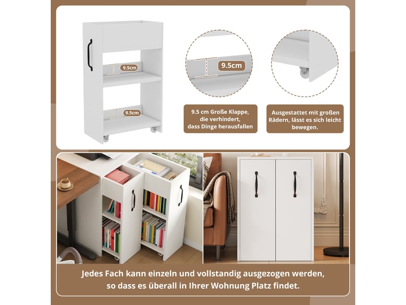  Petite bibliothèque à roulettes 52x50x75cm, table de chevet compacte blanche avec tiroirs, meuble de rangement réversible pour bureau et salon.  - Conforama W