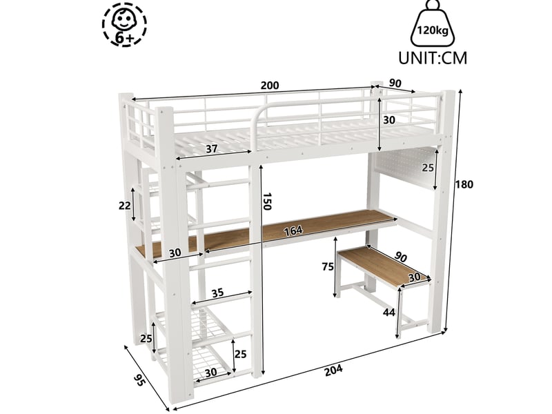  Lit mezzanine 90x200 cm avec éclairage led et bureau en métal blanc  - Conforama E