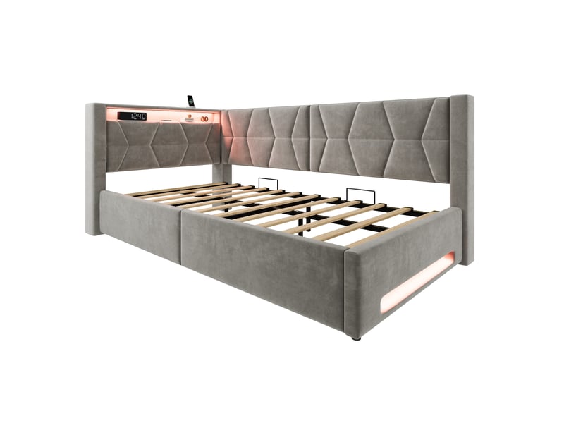  Lit coffre 90x200 cm, lit enfant, sommier à lattes, rangement hydraulique, led, usb et usb-c, velours gris foncé  - Conforama B