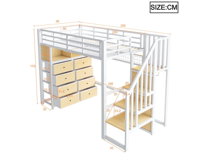 Lit mezzanine enfant 90 × 200 cm 1 place avec 8 tiroirs, étagères, led réglable et armoire intégrée, sans matelas, blanc - Conforama D