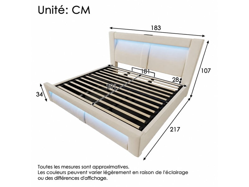  Lit double 180x200 cm avec rangement hydraulique, éclairage led, velours beige  - Conforama C