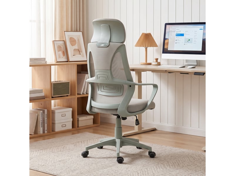  Chaise de bureau à bascule, réglable en hauteur, avec appui-tête et soutien lombaire, grise  - Conforama D