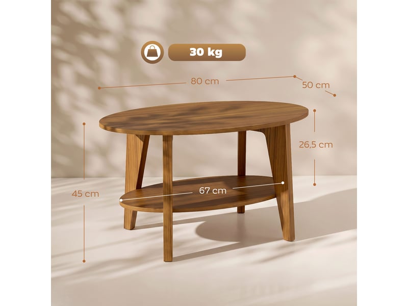  Table basse ovale à 2 niveaux, 80 x 50 x 45 cm, table de salon moderne avec étagère inférieure ouverte, chêne  - Conforama C