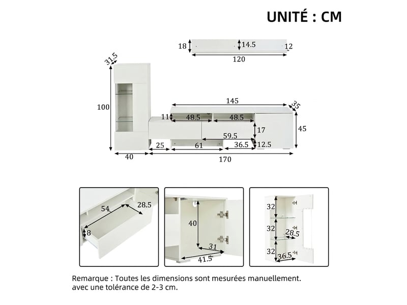  Ensemble meuble tv mural 3 pièces blanc brillant avec led, pour tv jusqu'à 70 pouces  - Conforama C