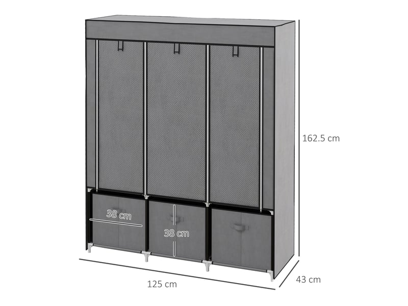  Armoire en tissu pliable avec 2 penderies,5 étagères,3 tiroirs et housse zippée, 125×43×162.5 cm,gris foncé  - Conforama C
