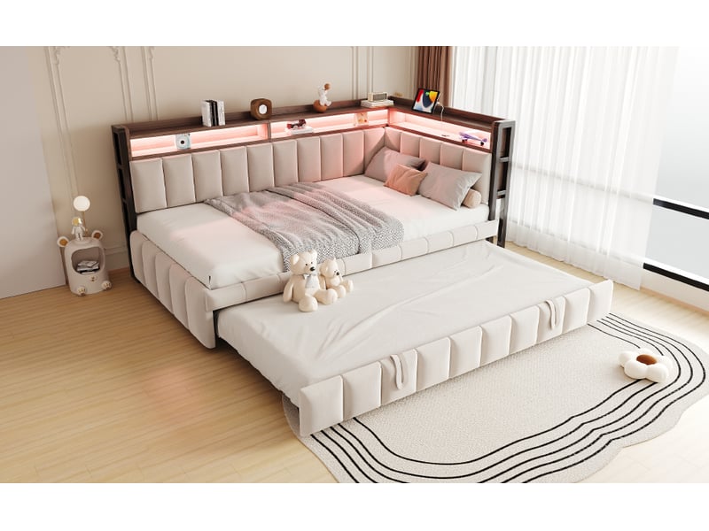  Lit gigogne simple 90 × 200 cm et 90 × 190 cm avec led réglable, usb, usb-c et étagères, sans matelas, beige  - Conforama C