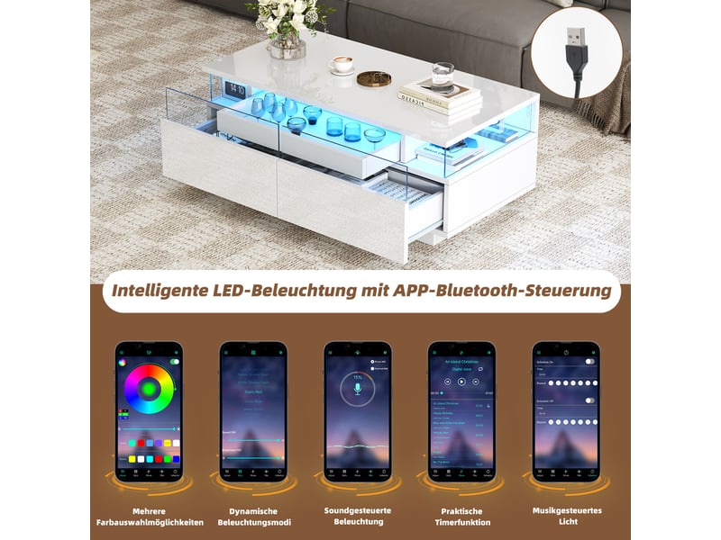  Table basse blanche brillante 90x45 cm avec led et 2 tiroirs  - Conforama R