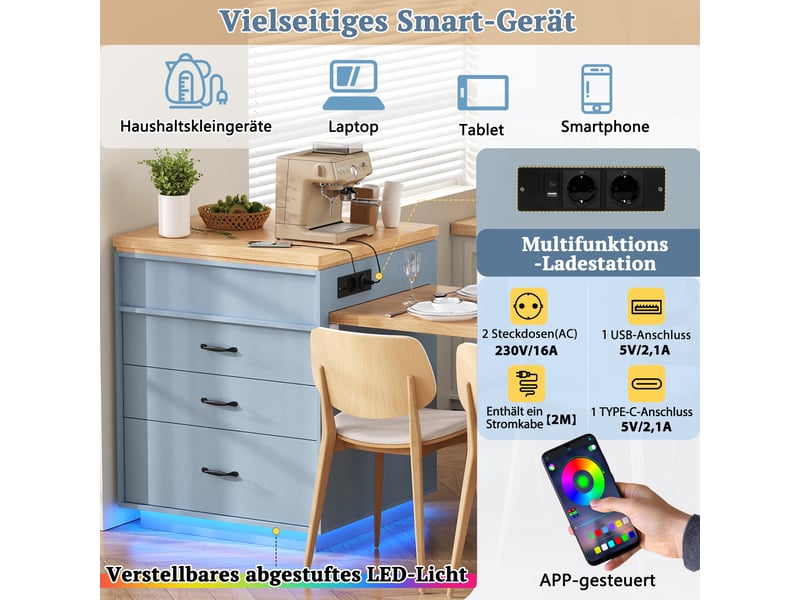  Îlot de cuisine extensible avec led et prises usb, bleu, 125.5-187.5x71x93 cm  - Conforama D