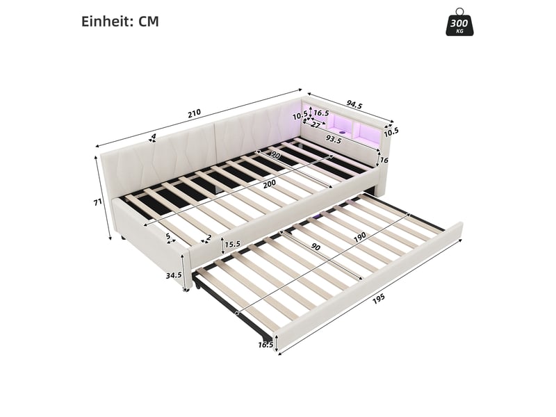  Lit gigogne 90x200 cm avec lit d'appoint, usb-c et led en lin beige  - Conforama E