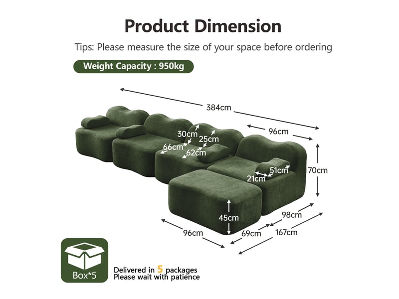  Canapé d'angle modulaire 4 places sans armature avec assise profonde et coussins d'accoudoir en velours vert  - Conforama E