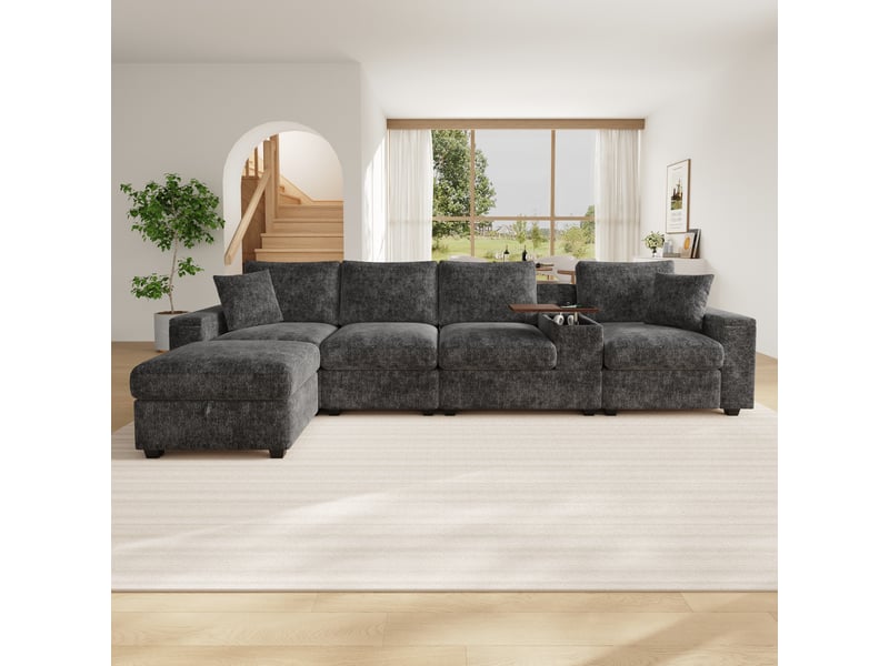  Canapé d'angle, canapé modulable – avec rangement, avec accoudoirs, avec pouf, gris, porte-gobelets, port usb  - Conforama D