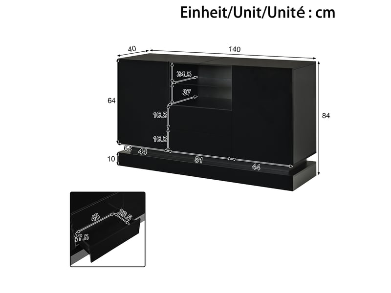  Buffet avec led pilotée par appli, 2 portes, 2 tiroirs, niche ouverte avec étagère en verre, façades brillantes, panneaux de particules,noir evarich - Conforama C