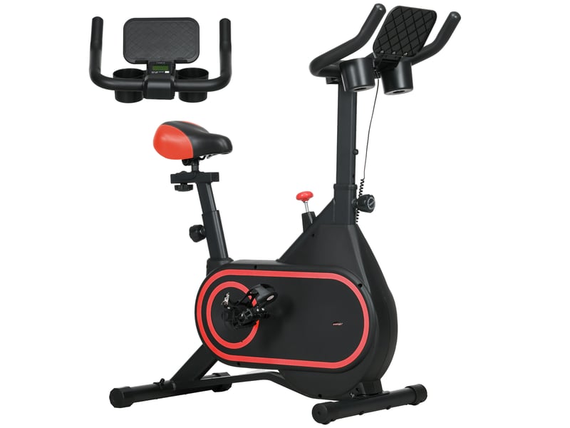 Vélo d'appartement avec volant d'inertie de 4 kg, résistance réglable, écran led, silencieux, selle réglable, rouge et noir - Conforama A