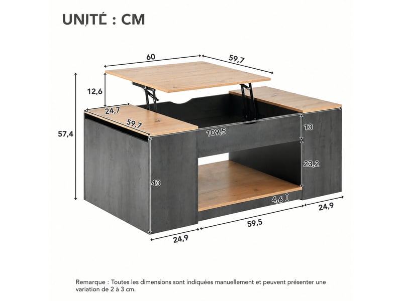  Table basse relevable avec rangement, 3 compartiments, 109,5 cm, gris et marron effet bois  - Conforama E