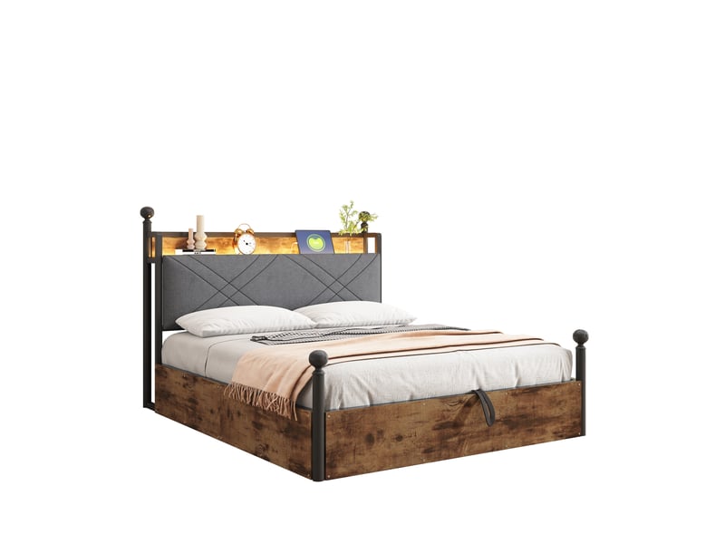 Lit baldaquin 140x190cm, lit coffre, lit modulable, recharge, led, dossier en mousse, fer, mdf, noir, motif bois - Conforama A
