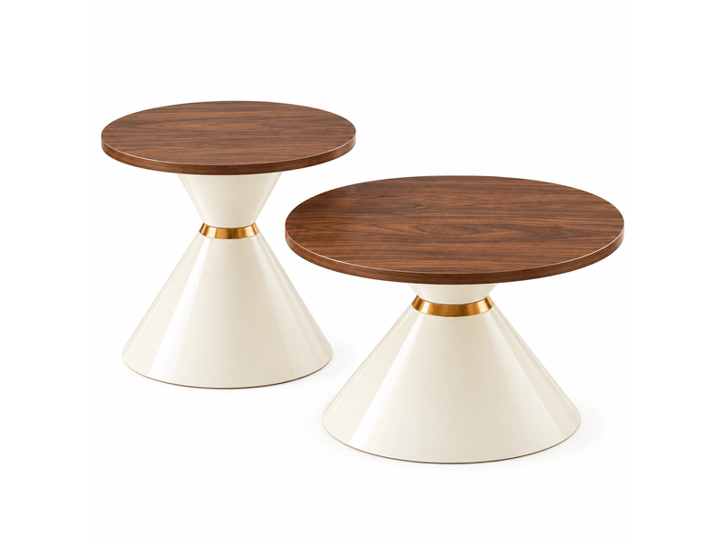  Lot de 2 tables basses rondes, plateau en mdf aspect noyer, structure en métal blanc crème et accents dorés, ø 7050 cm.  - Conforama A