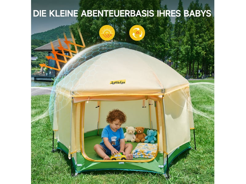  Tente de jeu pour enfants pop-up hexagonal 150x150x105 cm – vert et jaune – toit amovible, sac et 12 piquets  - Conforama E