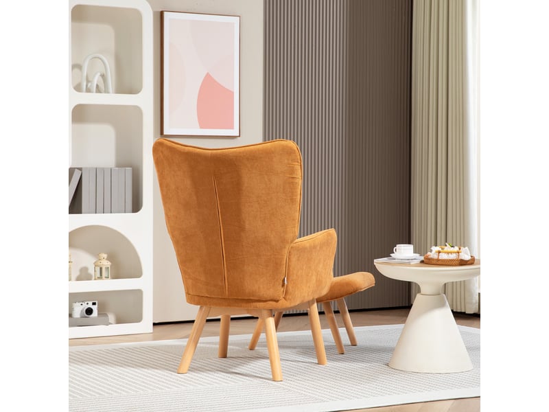  Fauteuil à oreilles avec repose-pieds 72x80x101cm – haut capitonnée et pieds en bois –  velours côtelé - marron  - Conforama D