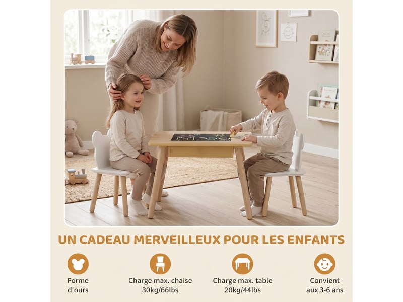  Ensemble 1 table et 2 chaise 3 pièces pour enfants avec plateau réversible espace de bois rangement naturel  - Conforama E