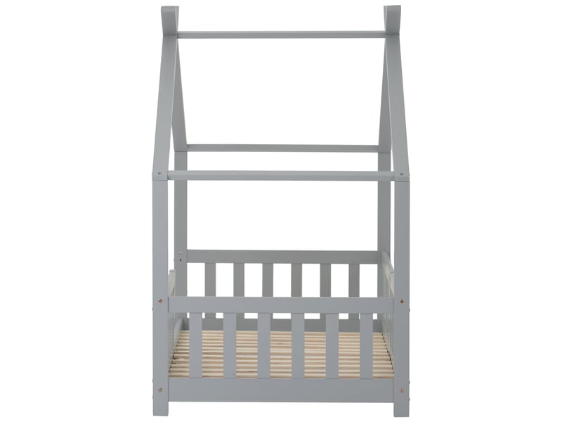  Lit cabane enfant en bois massif gris, 90 × 200 cm, avec barrière de sécurité et sommier à lattes  - Conforama E